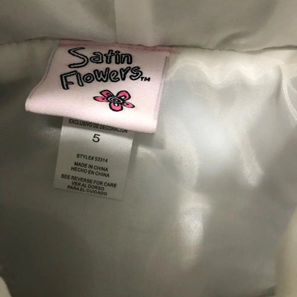 Satin flowers girls faux fur hooded white winter vest patent‎ closure heart sz 5